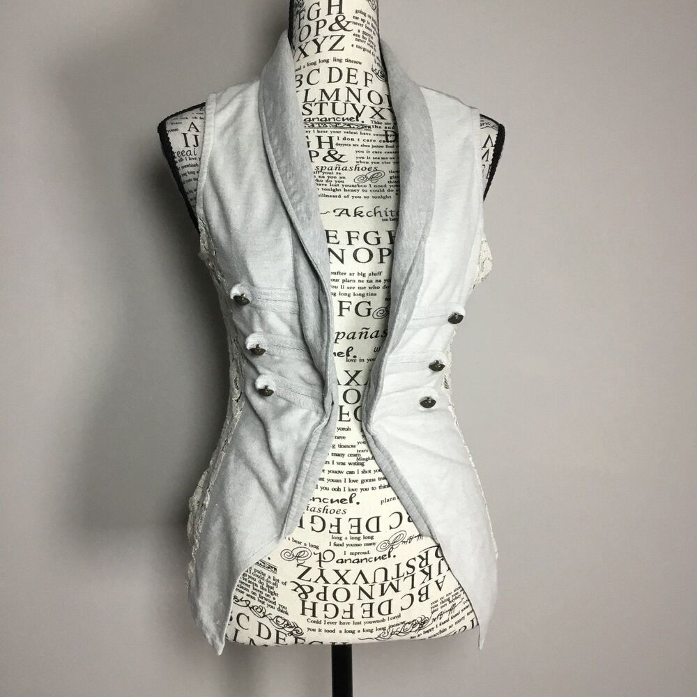 Grey cream lace military style waistcoat top stretchy double rows of buttons S